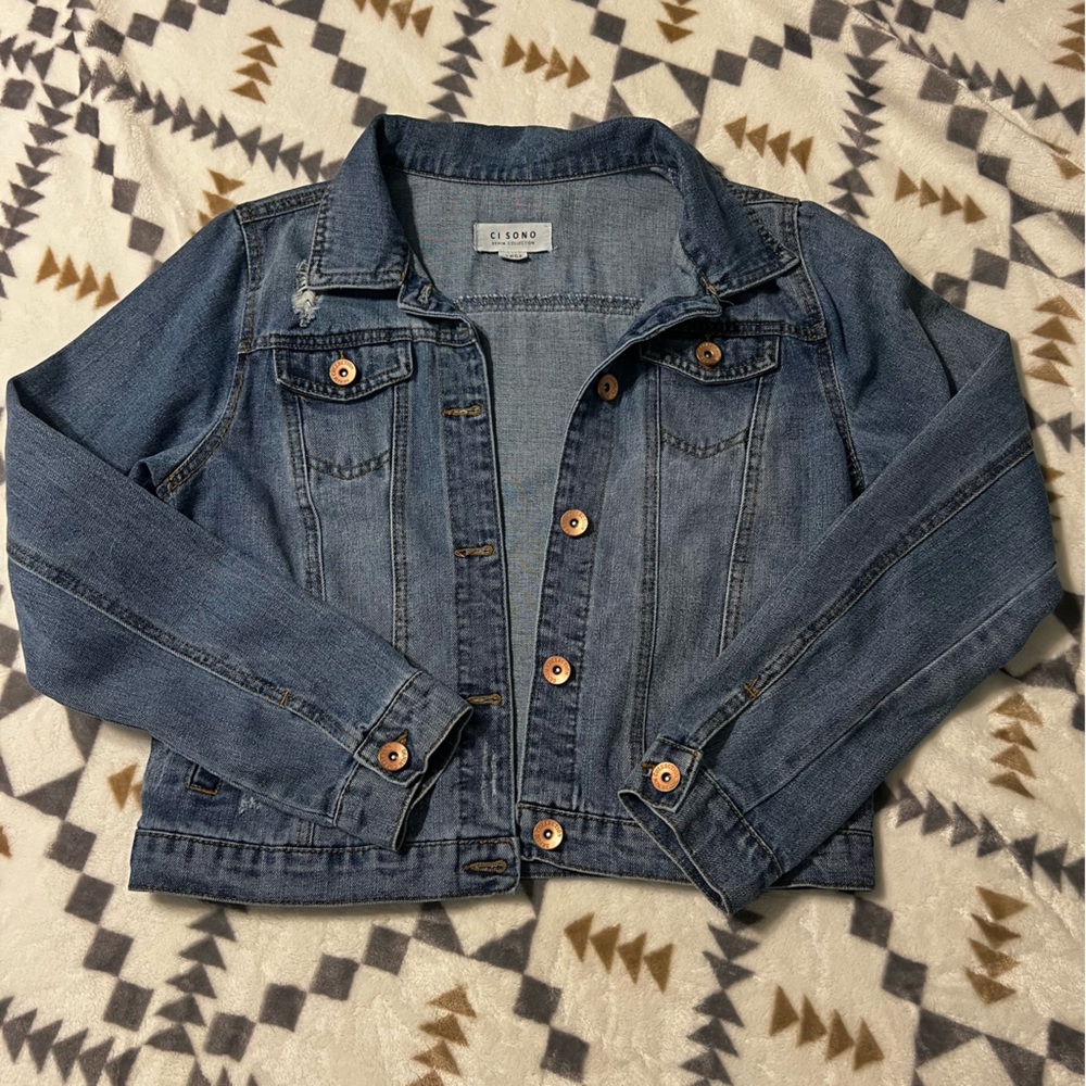 CI SONO Denim Jacket Womens Large Blue Distressed Y2K Pockets Button Down
